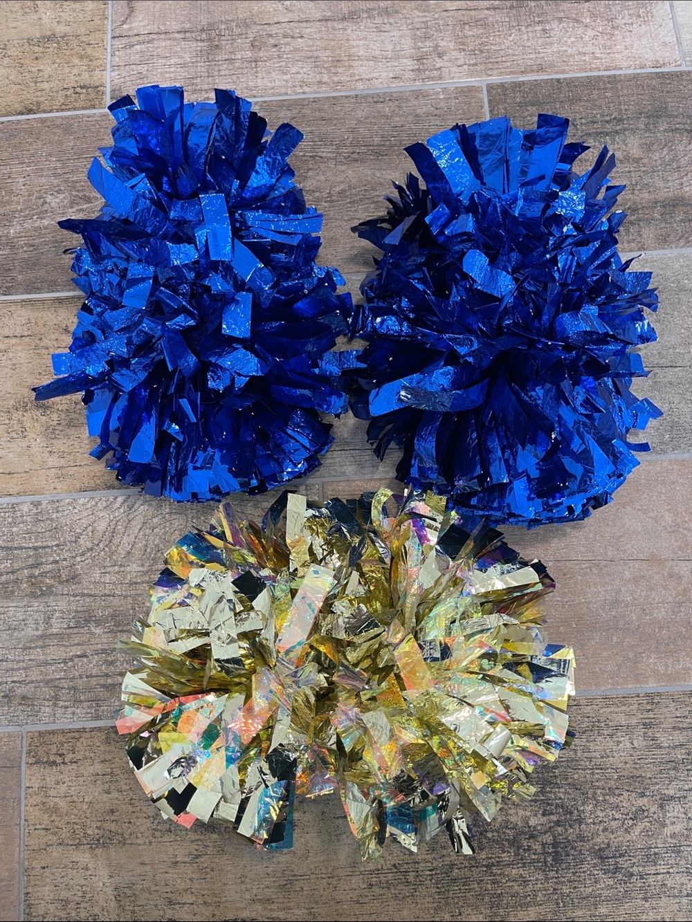 Blue and Gold Metallic Pom Poms - Cheerleading Set of 3